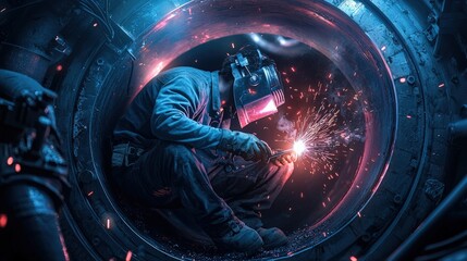 Poster - A welder working inside a large pipe, sparks flying, dramatic neon highlights