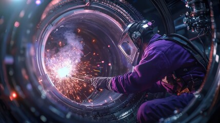 Poster - A welder working inside a large pipe, sparks flying, dramatic neon highlights