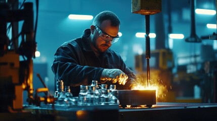 Poster - A steelworker monitoring molten metal pouring into a mold under glowing industrial lights