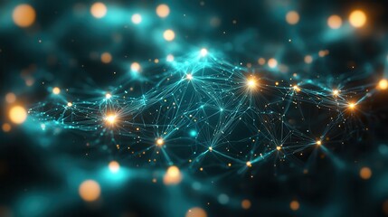 Poster - Abstract Network Connection with Glowing Nodes on Teal Background, Futuristic Technology Concept.