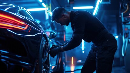 Poster - A sleek sports car being tuned by a mechanic, illuminated by vivid neon lights
