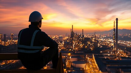 Aufkleber - A silhouette of an engineer overlooking a brightly lit industrial city at night, vibrant and energetic atmosphere