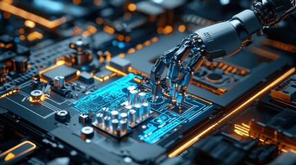 Aufkleber - A robotic arm assembling precision parts on an advanced production line in blue neon lighting