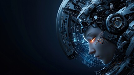 Aufkleber - A robot head with intricate circuits glowing softly, surrounded by futuristic holograms, dark blue background, cyberpunk aesthetic