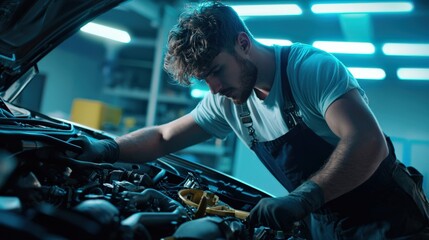 Poster - A mechanic works on a car engine in a repair shop, sharp focus on tools and engine details, blue neon lighting