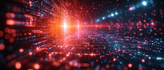 Poster - Abstract Digital Data Stream with Red and Blue Particles, Network Connection, Futuristic Technology Background.
