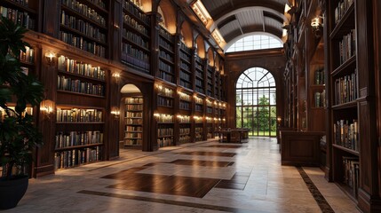 Poster - A massive library with bookshelves that stretch into the distance, warm lighting, peaceful atmosphere