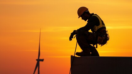 Poster - A maintenance worker performing safety checks on wind turbines under a vibrant orange sky