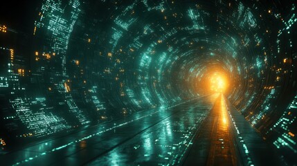 Poster - Futuristic Data Tunnel with Glowing Exit, Sci-Fi Digital Network Background.