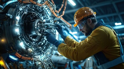 Poster - A futuristic worker repairing a spaceship engine in a high-tech hangar with vibrant neon colors