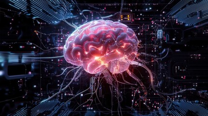 Leinwandbilder - A glowing AI brain connected to a futuristic digital circuit board, neon lights illuminating the background, high-tech design, balanced composition