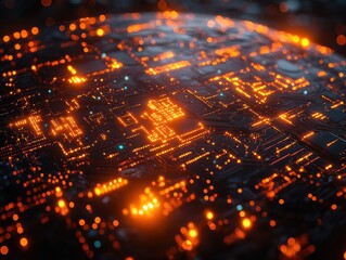 Poster - Futuristic Circuit Board Abstract Background with Glowing Orange Lights.