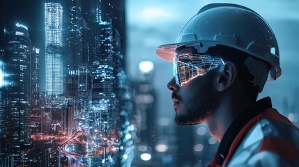 Aufkleber - A double exposure of a construction worker and a futuristic cityscape glowing in neon tones