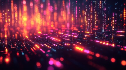 Poster - Abstract Futuristic Cityscape Neon Lights and Data Streams, Digital Technology Background Image