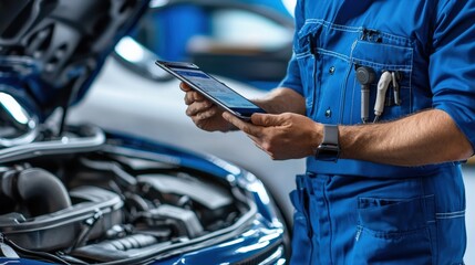 Poster - A diagnostic tablet displaying car health metrics, held by a mechanic in a sleek blue-lit garage