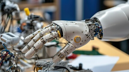 Aufkleber - A close-up of a robotic arm assembling delicate machinery under perfect studio lighting