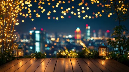 Wall Mural - Rooftop garden new year celebrations Abstract Background With Defocused Bokeh Lights, glowing fairy lights and panoramic city views under the night sky