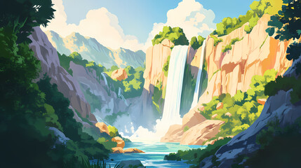 Wall Mural - Majestic waterfalls cascading into a lush, tranquil valley surrounded by verdant cliffs under a serene sky, embodying nature's timeless beauty. Timeless. Illustration