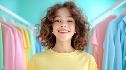 Wall Mural - Young girl smiling in a colorful clothing store interior