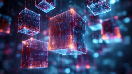 Poster - Abstract Floating Holographic Data Cubes with Glowing Edges and Depth of Field.