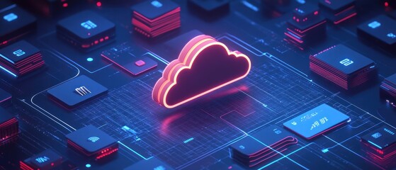 Poster - Neon cloud symbol on a futuristic circuit board.