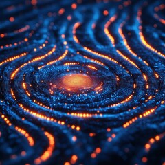 Poster - Abstract Futuristic Data Stream with Glowing Particles on Rippled Surface.