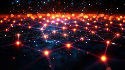 Poster - Abstract Glowing Network with Connection Points and Bokeh Lights, Dark Background.