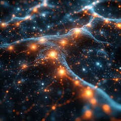 Poster - Abstract Glowing Network with Blue and Orange Particles on Dark Background.