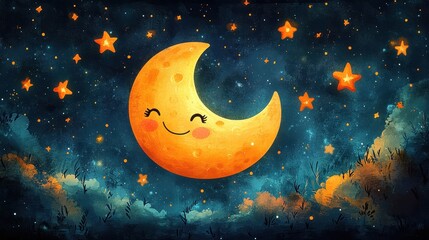 Wall Mural - Cute Smiling Crescent Moon and Starry Night Sky Illustration with Whimsical Feel.