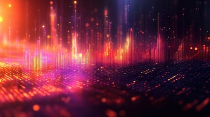Poster - Abstract Digital Cityscape Glowing Red and Orange Neon Lights, Futuristic Technology Background