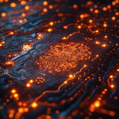 Poster - Glowing Orange Fingerprint Scan on Dark Circuit Board Background, Abstract Biometric Security Technology Concept.