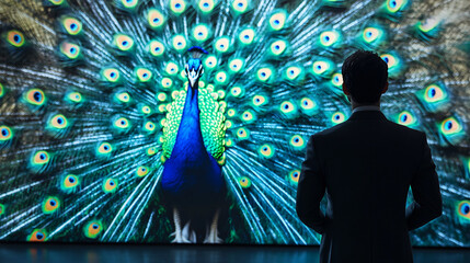 Wall Mural - Abstract peacock in a corporate setting, flaunting colorful feathers while standing in front of a presentation board, symbolizing confidence and self-promotion. 