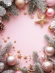 Wall Mural - Merry Christmas background concept, winter holidays and happy new year card white gold wooden decorations frame border on pink pastel powdery table, flat lay, copy space, top close up view above