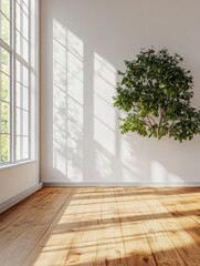 Sticker - Modern sunny empty loft room with white wall and wooden floor 3D Render