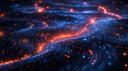Poster - Abstract Digital Flowing Lines with Glowing Particles, Blue and Orange, 3D Rendering.
