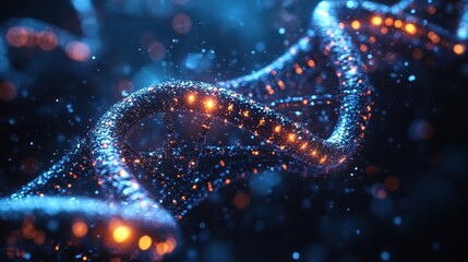 Poster - Abstract Glowing DNA Helix Structure on Dark Background with Bokeh Effects, Science and Technology Concept.
