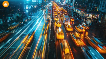 Poster - A vibrant city scene featuring busy streets filled with yellow taxis and colorful lights.