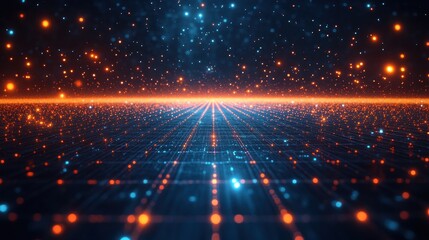 Poster - Abstract Futuristic Grid Landscape with Glowing Particle Lights, Data Stream Visualization