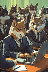 Wall Mural - Illustration of a group of wolves in business attire, working together around a laptop, symbolizing teamwork and collaboration. 