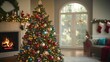 © NATURALFAMILY - Festive living room with decorated Christmas tree and cozy fireplace
