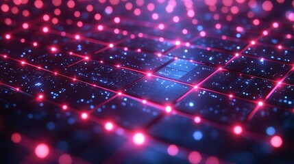 Poster - Abstract Futuristic Technology Background with Glowing Red and Blue Lights on a Network Grid.