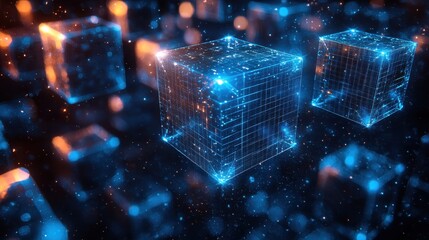 Poster - Abstract Glowing Blue Cubes in Digital Network with Bokeh Lights Background.