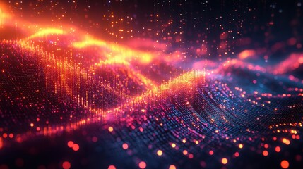 Poster - Dynamic Digital Data Wave with Glowing Particles and Bokeh Effects.