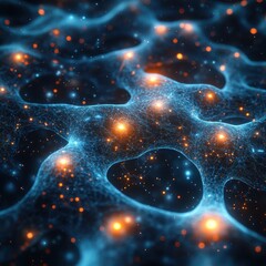Poster - Abstract Glowing Network with Orange Particles and Blue Lines, Science and Technology Concept.