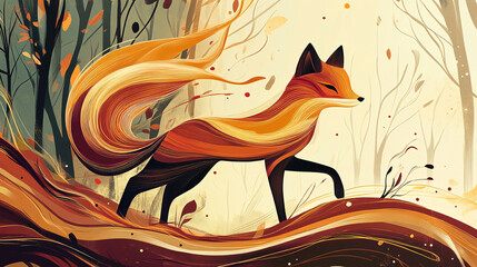 Wall Mural - Illustration of a stylized fox, its body composed of flowing lines and warm colors, blending into the abstract forest background. 