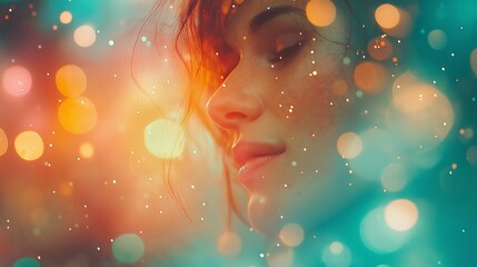 Poster - Happy woman having fun at a concert. Close up. Party or corporate event. Festive bright background with colorful dancing and fun