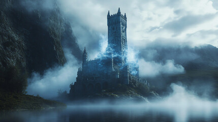 Wall Mural - An ancient tower at a mist-shrouded lake, with blue and white flames swirling around the peak, casting spectral light across the water.