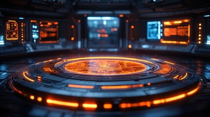 Poster - Futuristic Control Room with Glowing Platform and Data Displays.
