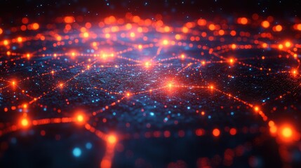 Poster - Abstract Digital Network Glowing Red and Blue Connected Nodes on Dark Textured Background.