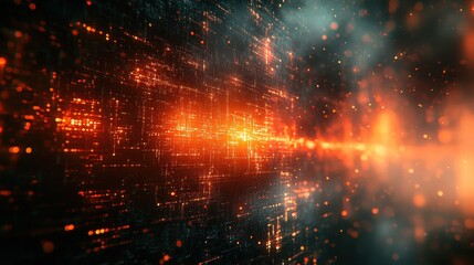 Poster - Abstract Futuristic Data Stream with Glowing Red Particles and Network Grid.